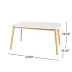 Table à manger Mid-Century, rectangulaire 150x90cm, plateau MDF, pieds évasés en hévéa, capacité 136 kg, blanc/chêne