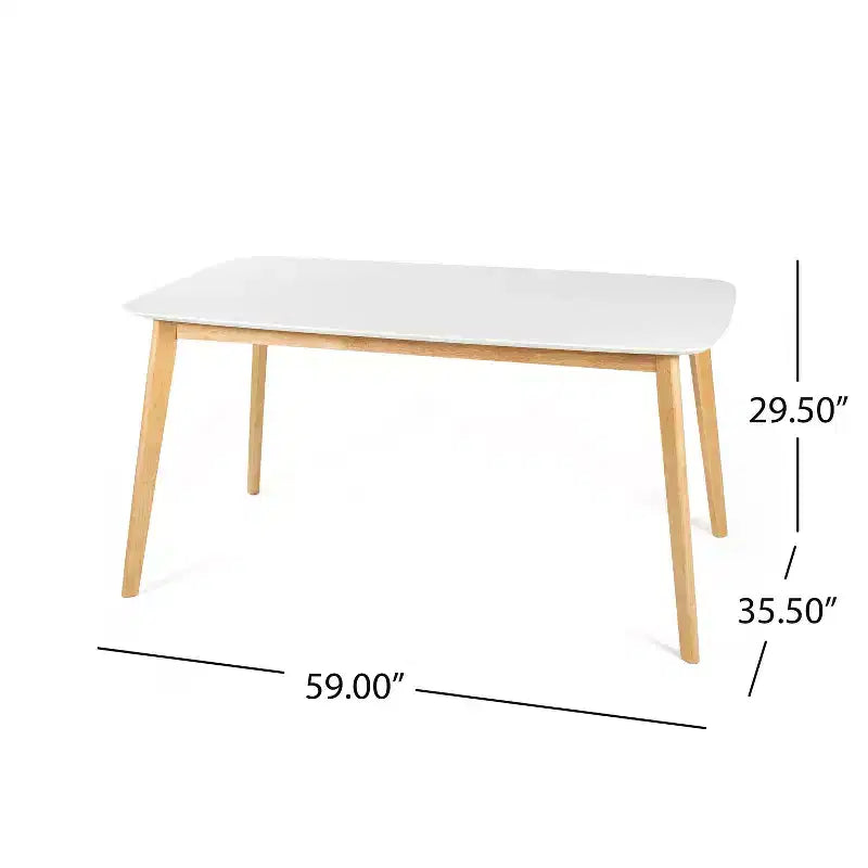 Table à manger Mid-Century, rectangulaire 150x90cm, plateau MDF, pieds évasés en hévéa, capacité 136 kg, blanc/chêne