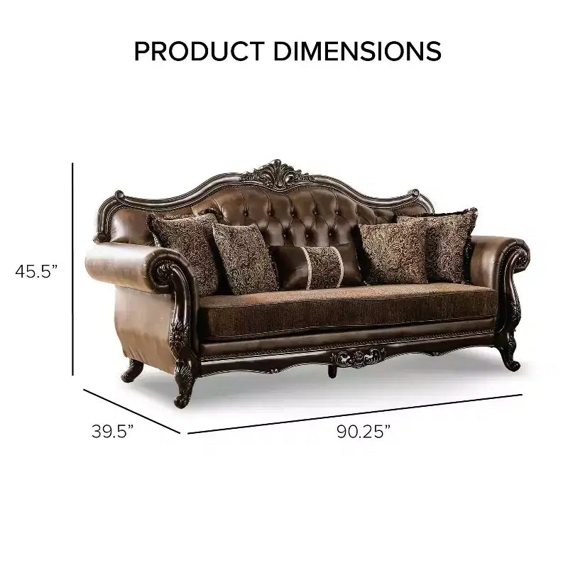 Canapé traditionnel de 90 po, capitonné, garniture cloutée, similicuir + polyester, capacité de 750 lb, 5 coussins décoratifs