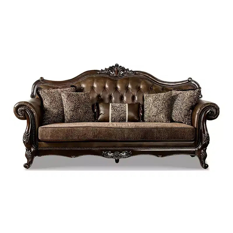 Canapé traditionnel de 90 po, capitonné, garniture cloutée, similicuir + polyester, capacité de 750 lb, 5 coussins décoratifs