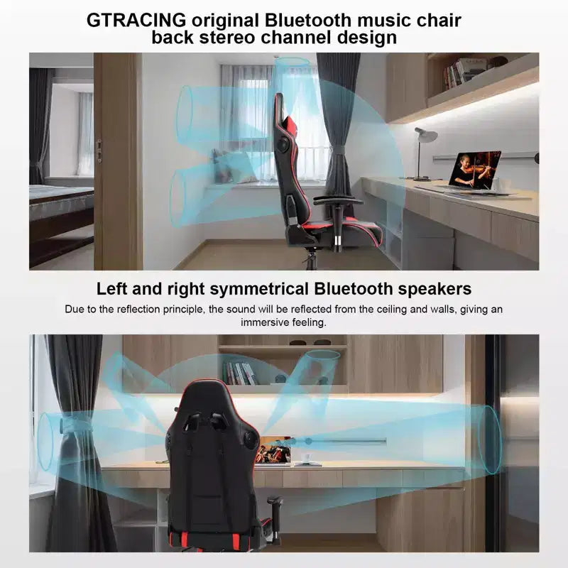 Fauteuil de jeu à dossier haut avec haut-parleurs Bluetooth, cuir PU, accoudoirs et soutien lombaire réglables, capacité de 136 kg, rouge