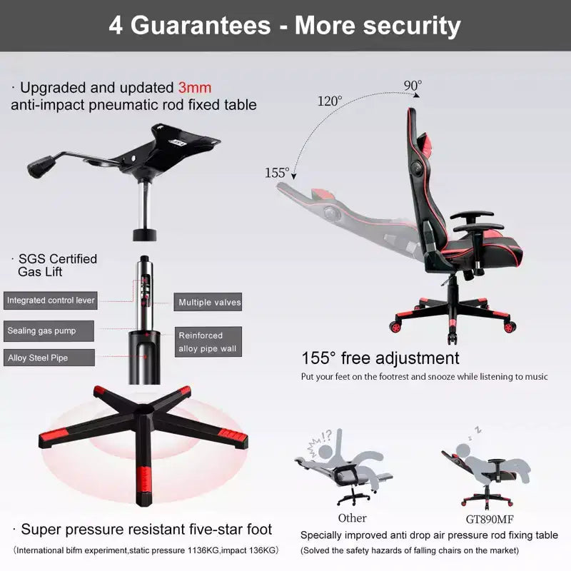 Fauteuil de jeu à dossier haut avec haut-parleurs Bluetooth, cuir PU, accoudoirs et soutien lombaire réglables, capacité de 136 kg, rouge
