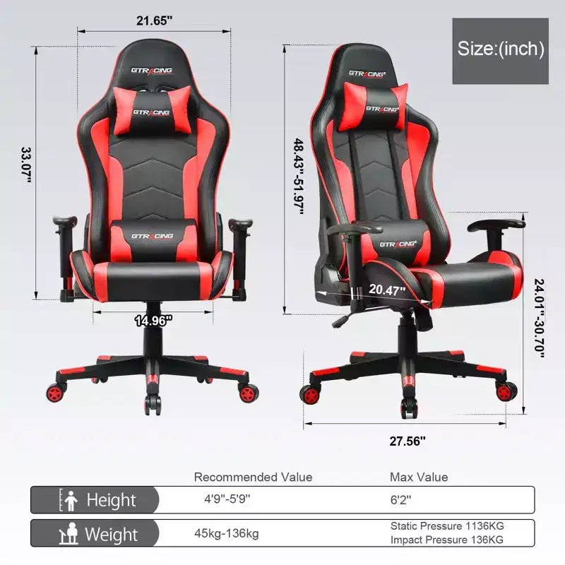 Fauteuil de jeu à dossier haut avec haut-parleurs Bluetooth, cuir PU, accoudoirs et soutien lombaire réglables, capacité de 136 kg, rouge