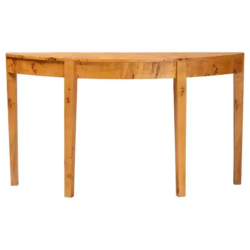 Console demi-lune en bois de loupe véritable, loupe de mappa claire, pieds fuselés, entièrement assemblée, 152,4 cm (L) x 40,6 cm (P) x 86,6 cm (H)