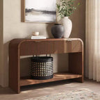 Console cannelée, 2 tiroirs, poignées dorées, étagère inférieure, placage de bois brun foncé, 76,8 cm (H) x 119 cm (L)