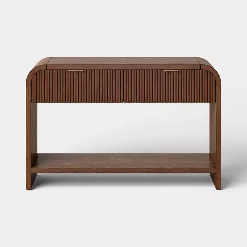 Console cannelée, 2 tiroirs, poignées dorées, étagère inférieure, placage de bois brun foncé, 76,8 cm (H) x 119 cm (L)