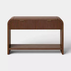 Console cannelée, 2 tiroirs, poignées dorées, étagère inférieure, placage de bois brun foncé, 76,8 cm (H) x 119 cm (L)