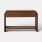 Console cannelée, 2 tiroirs, poignées dorées, étagère inférieure, placage de bois brun foncé, 76,8 cm (H) x 119 cm (L)