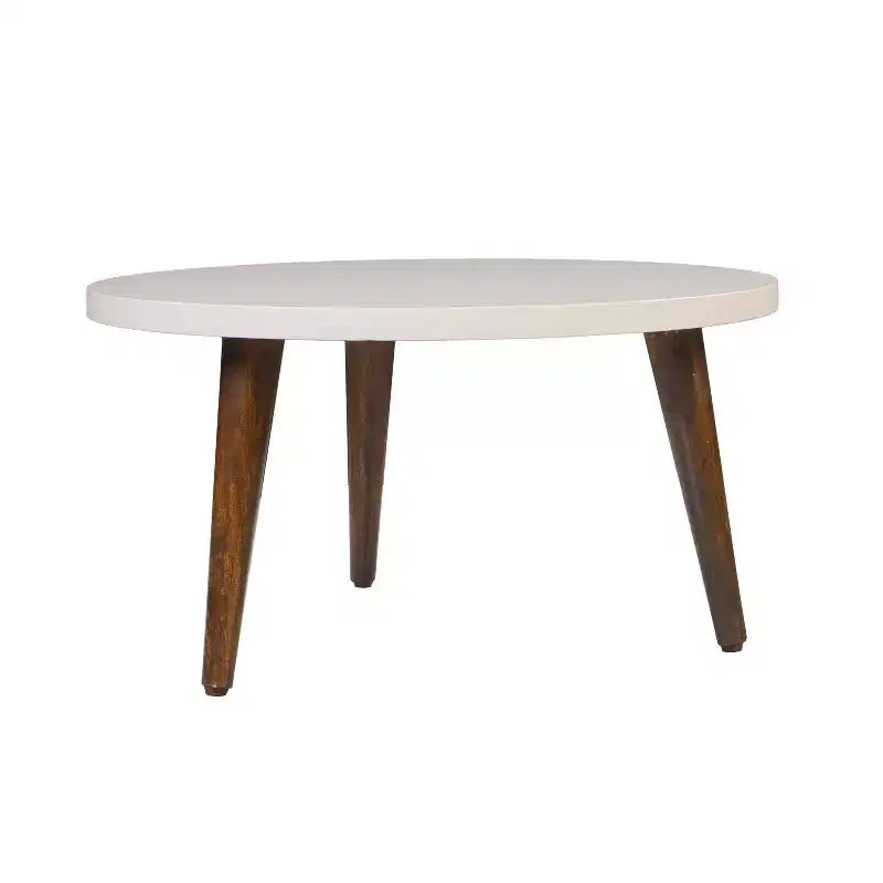 Table basse ronde 24", plateau MDF blanc cassé, pieds tripodes effilés en bois de manguier, capacité 20 kg, aucun assemblage requis
