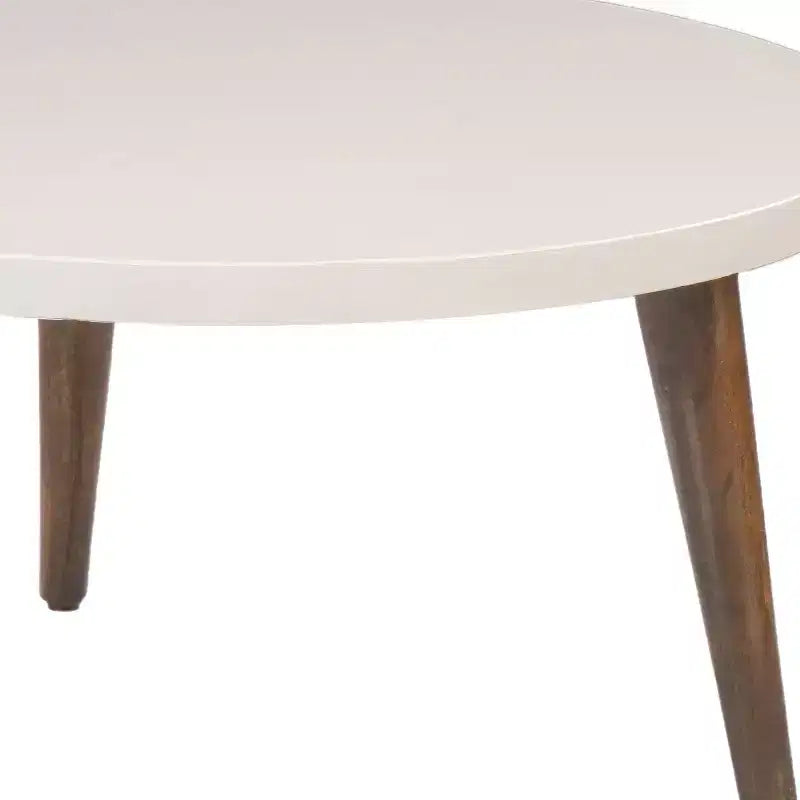 Table basse ronde 24", plateau MDF blanc cassé, pieds tripodes effilés en bois de manguier, capacité 20 kg, aucun assemblage requis