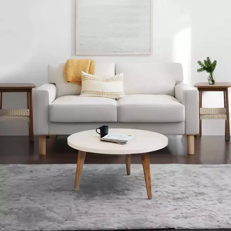 Table basse ronde 24", plateau MDF blanc cassé, pieds tripodes effilés en bois de manguier, capacité 20 kg, aucun assemblage requis