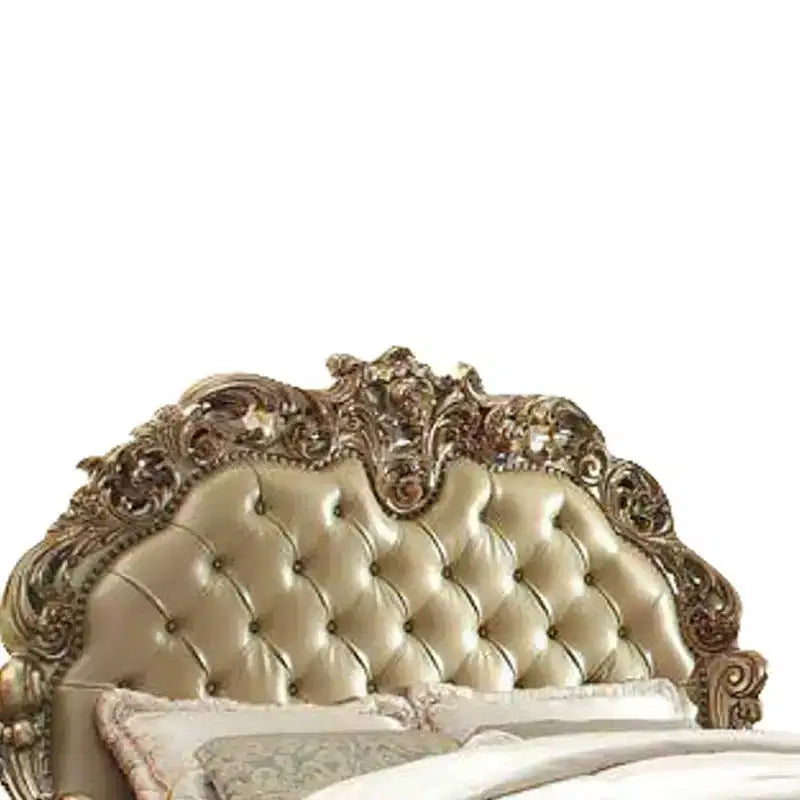 Lit Queen Size, Tête de lit capitonnée, Clous décoratifs, Similicuir, Cadre en bois et polyrésine, 73"H x 80"L x 96"P