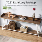 Console étroite à 2 niveaux de 70,87", plateau en bois avec déflecteurs, cadre en acier, capacité de 180 lb, patins de pieds réglables
