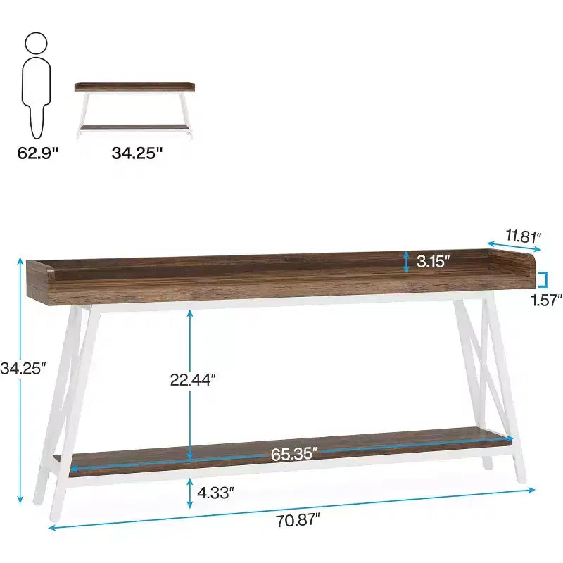 Console étroite à 2 niveaux de 70,87", plateau en bois avec déflecteurs, cadre en acier, capacité de 180 lb, patins de pieds réglables