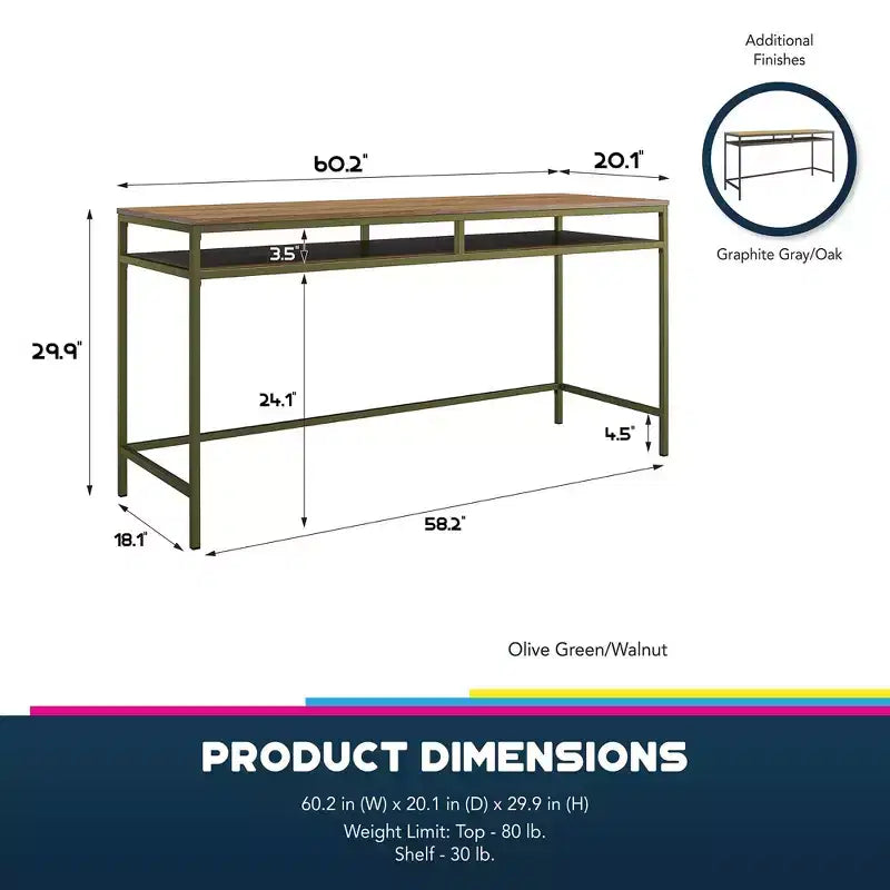 Bureau informatique industriel 152,4 cm, bois d'ingénierie + métal thermolaqué, étagère inférieure ouverte, 152,9 cm (L) x 51,1 cm (P) x 75,9 cm (H)