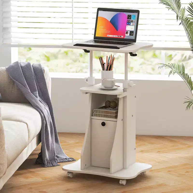 Pupitre mobile avec hauteur réglable de 68,5 à 114 cm, plateau inclinable, placard de rangement, 4 roulettes