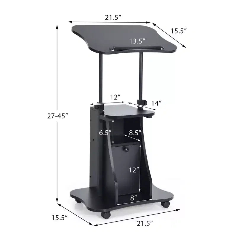 Pupitre mobile avec hauteur réglable de 68,5 à 114 cm, plateau inclinable, placard de rangement, 4 roulettes