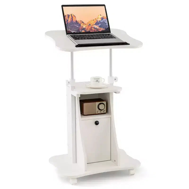 Pupitre mobile avec hauteur réglable de 68,5 à 114 cm, plateau inclinable, placard de rangement, 4 roulettes