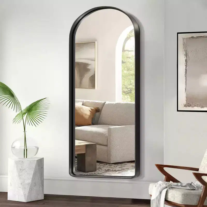 Miroir pleine longueur à cadre métallique arqué, verre trempé, à fixer au mur ou à poser, 180 cm H x 81 cm L