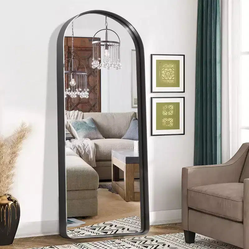 Miroir pleine longueur à cadre métallique arqué, verre trempé, à fixer au mur ou à poser, 180 cm H x 81 cm L