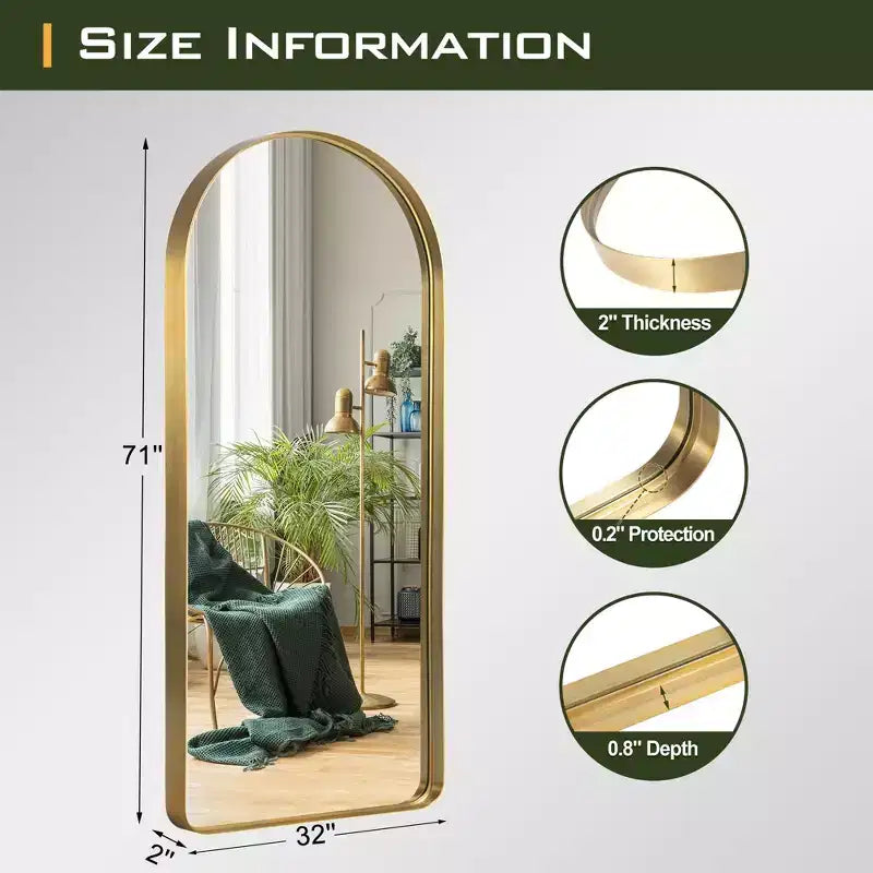 Miroir pleine longueur à cadre métallique arqué, verre trempé, à fixer au mur ou à poser, 180 cm H x 81 cm L