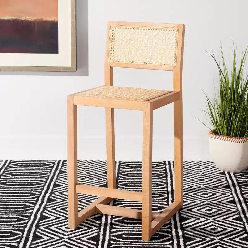 Tabouret de comptoir en rotin avec structure en bois de hêtre, dossier bas sans accoudoirs, repose-pieds, capacité de 125 kg