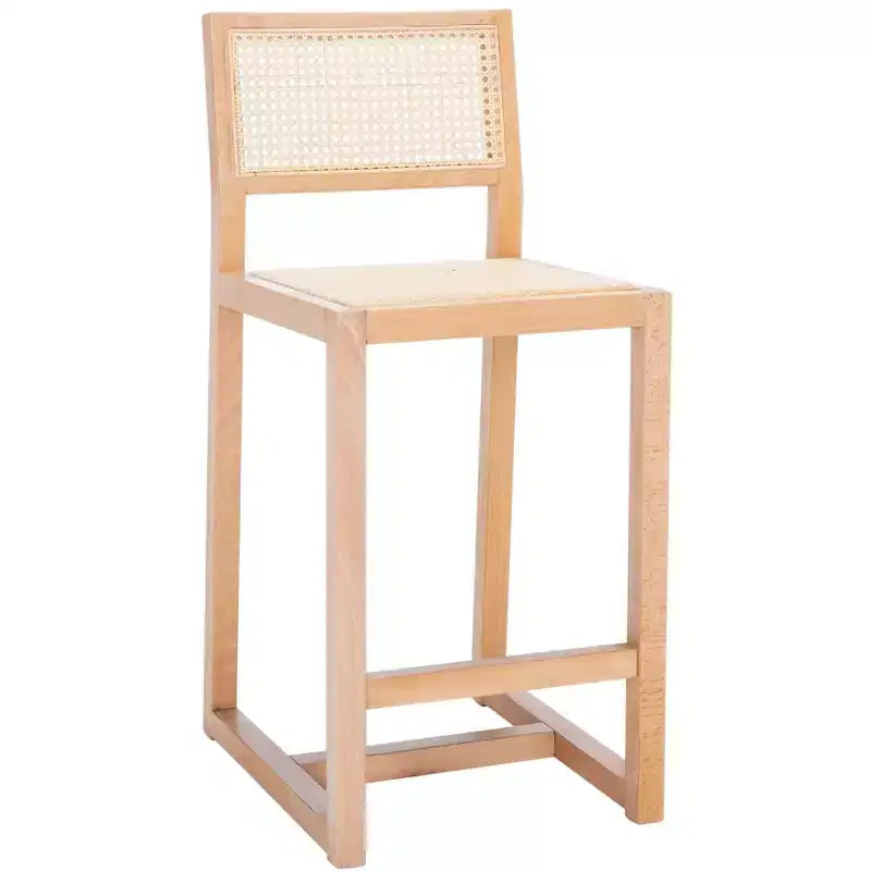 Tabouret de comptoir en rotin avec structure en bois de hêtre, dossier bas sans accoudoirs, repose-pieds, capacité de 125 kg