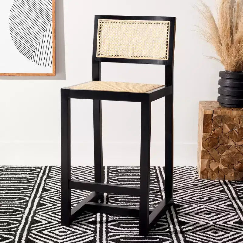 Tabouret de comptoir en rotin avec structure en bois de hêtre, dossier bas sans accoudoirs, repose-pieds, capacité de 125 kg