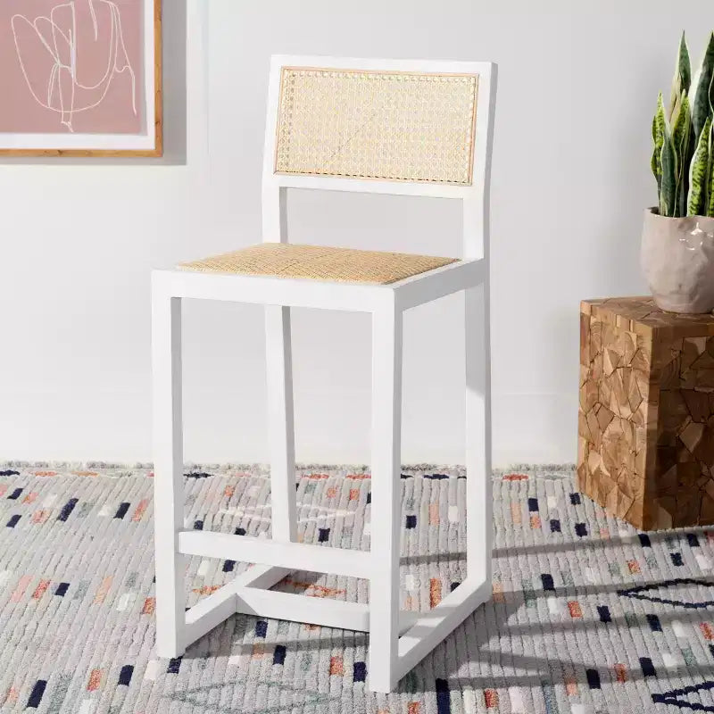 Tabouret de comptoir en rotin avec structure en bois de hêtre, dossier bas sans accoudoirs, repose-pieds, capacité de 125 kg