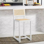 Tabouret de comptoir en rotin avec structure en bois de hêtre, dossier bas sans accoudoirs, repose-pieds, capacité de 125 kg