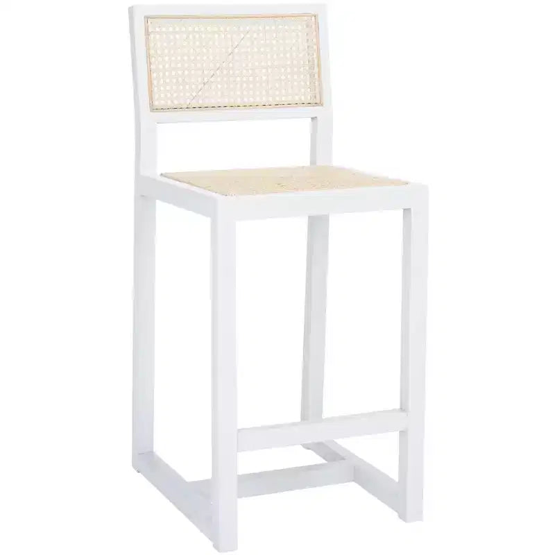 Tabouret de comptoir en rotin avec structure en bois de hêtre, dossier bas sans accoudoirs, repose-pieds, capacité de 125 kg