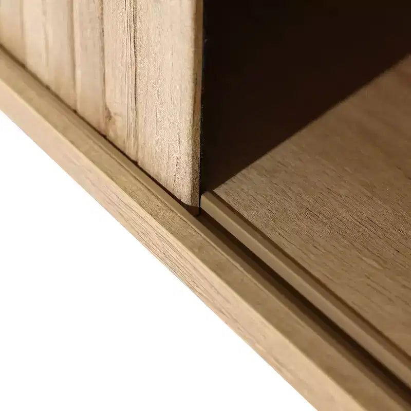 Meuble TV en chêne de 159 cm avec portes coulissantes tambours, rangement latéral et gestion des câbles, pour téléviseurs jusqu'à 65"
