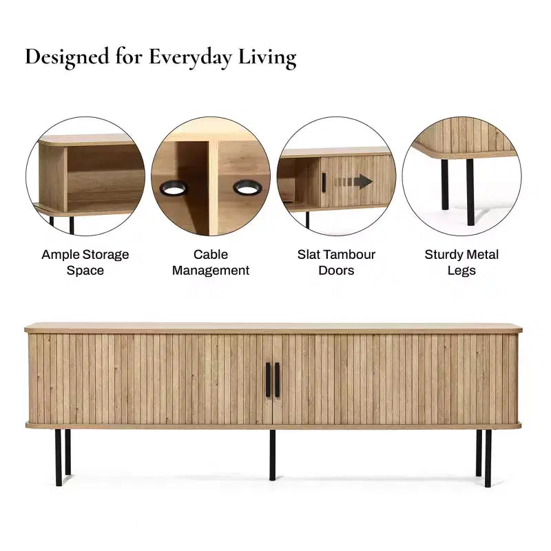 Meuble TV en chêne de 159 cm avec portes coulissantes tambours, rangement latéral et gestion des câbles, pour téléviseurs jusqu'à 65"
