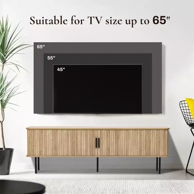 Meuble TV en chêne de 159 cm avec portes coulissantes tambours, rangement latéral et gestion des câbles, pour téléviseurs jusqu'à 65"