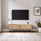 Meuble TV en chêne de 159 cm avec portes coulissantes tambours, rangement latéral et gestion des câbles, pour téléviseurs jusqu'à 65"