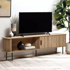 Meuble TV en chêne de 159 cm avec portes coulissantes tambours, rangement latéral et gestion des câbles, pour téléviseurs jusqu'à 65"