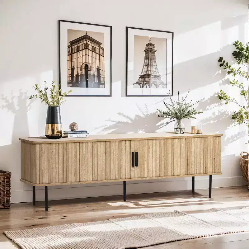 Meuble TV en chêne de 159 cm avec portes coulissantes tambours, rangement latéral et gestion des câbles, pour téléviseurs jusqu'à 65"