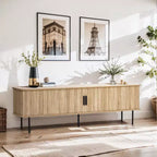 Meuble TV en chêne de 159 cm avec portes coulissantes tambours, rangement latéral et gestion des câbles, pour téléviseurs jusqu'à 65"
