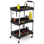 Chariot à outils roulant à 3 niveaux, en métal, capacité 45 kg, 4 roues verrouillables, 6 porte-bouteilles, noir