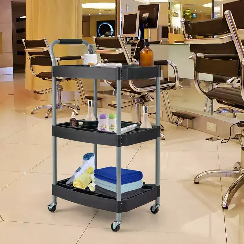 Chariot à outils roulant à 3 niveaux, en métal, capacité 45 kg, 4 roues verrouillables, 6 porte-bouteilles, noir