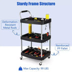 Chariot à outils roulant à 3 niveaux, en métal, capacité 45 kg, 4 roues verrouillables, 6 porte-bouteilles, noir