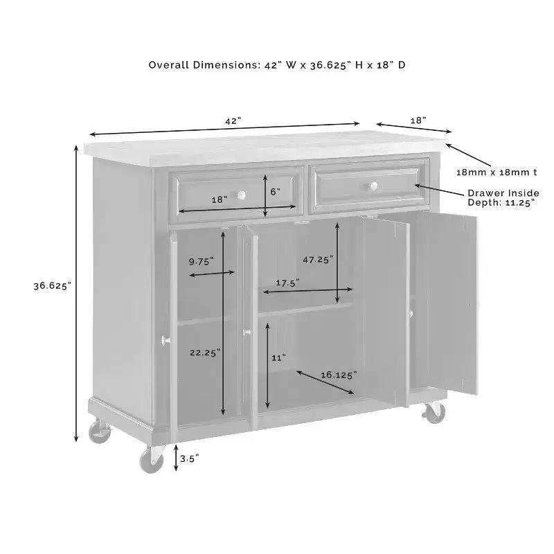 Îlot de cuisine roulant avec rangement, 6 étagères, 4 portes, 2 tiroirs, roulettes, placage bois, 42"L x 36,6"H