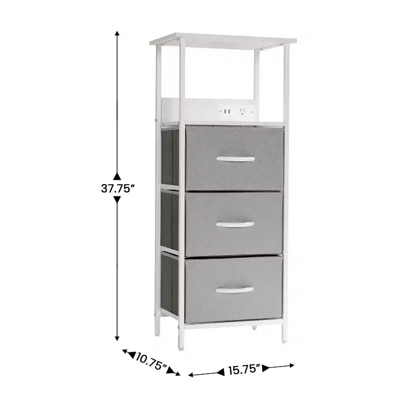 Table de chevet à 3 tiroirs avec station de charge, 2 ports USB et 1 prise, cadre en métal, plateau en bois composite, 18 kg