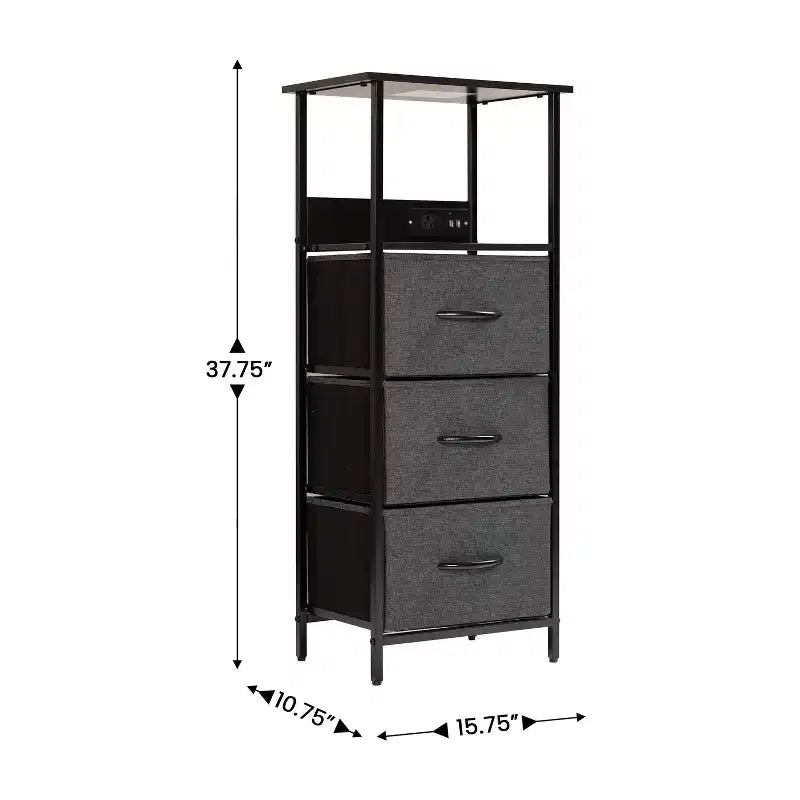 Table de chevet à 3 tiroirs avec station de charge, 2 ports USB et 1 prise, cadre en métal, plateau en bois composite, 18 kg