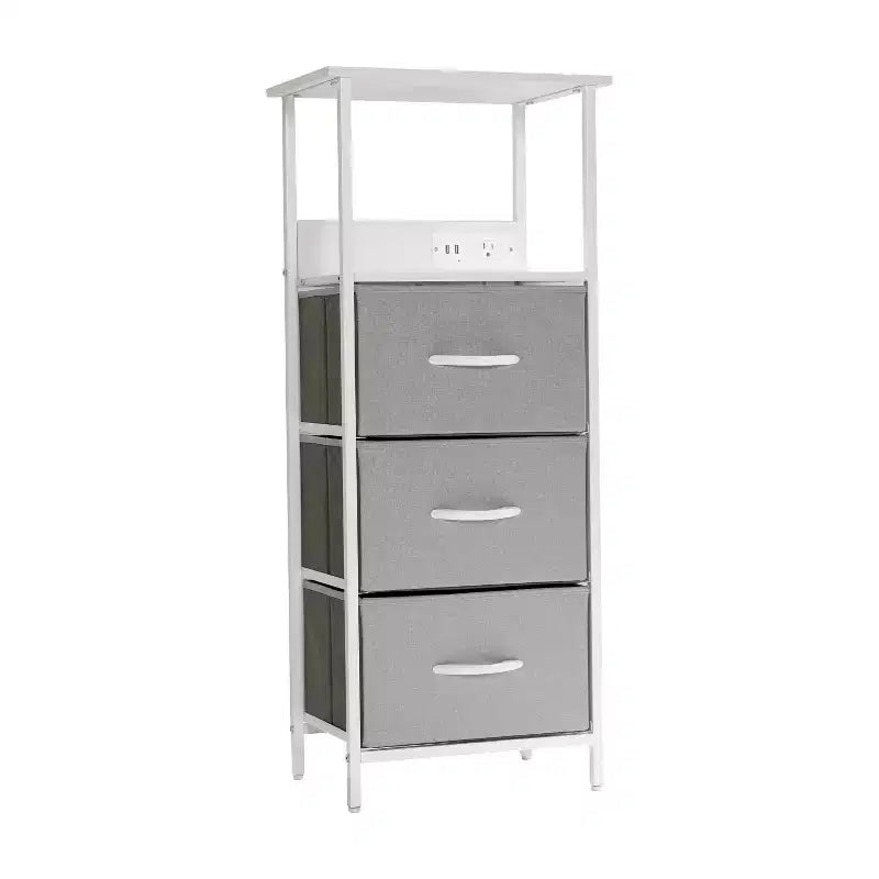 Table de chevet à 3 tiroirs avec station de charge, 2 ports USB et 1 prise, cadre en métal, plateau en bois composite, 18 kg