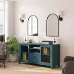 Bahut de salle à manger, 2 portes en verre trempé, 2 tiroirs, 3 étagères, bois d'ingénierie, résistant à l'eau, capacité de 90 kg
