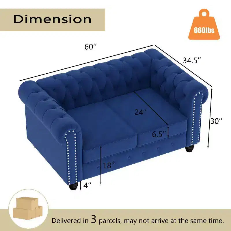 Causeuse 60 po en velours bleu, style Chesterfield, capitonnée, cadre en contreplaqué, capacité de 300 kg, 2 places