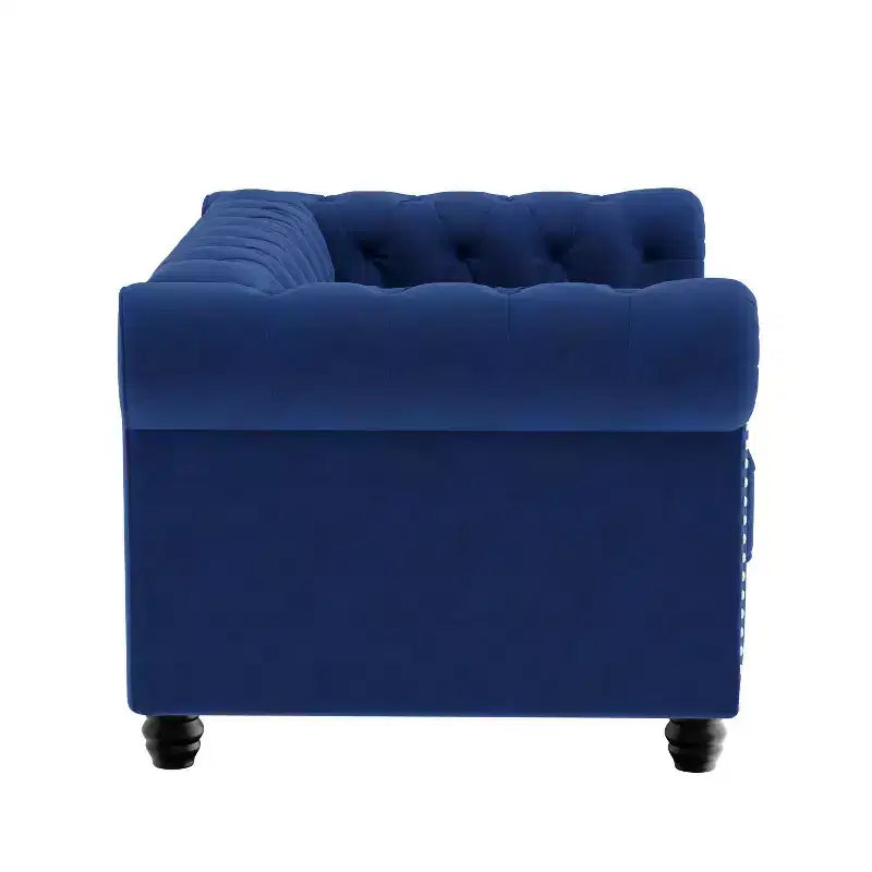 Causeuse 60 po en velours bleu, style Chesterfield, capitonnée, cadre en contreplaqué, capacité de 300 kg, 2 places