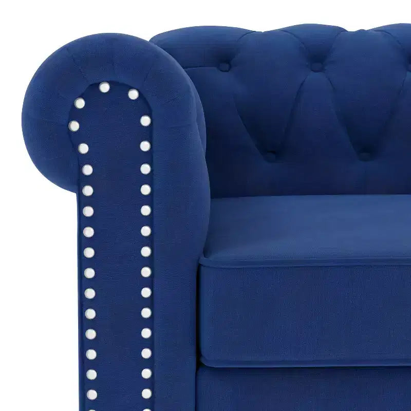 Causeuse 60 po en velours bleu, style Chesterfield, capitonnée, cadre en contreplaqué, capacité de 300 kg, 2 places