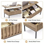 Table basse relevable avec rangement dissimulé, finition teck, 109x56 cm, style ferme